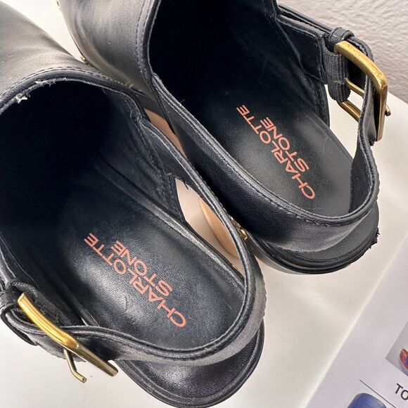 Charlotte Stone Hari Slingback High Heel Clog Size 7 Black Leather Gold Flower - Picture 4 of 10